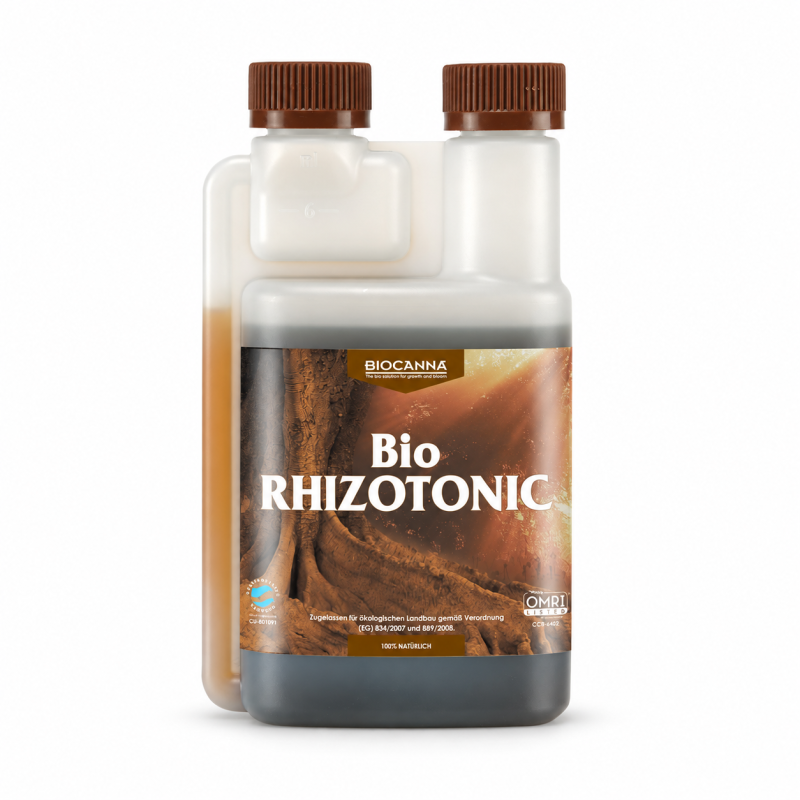 BIOCANNA Bio RHIZOTONIC, 250-ml-Dosierflasche auf weißem Hintergrund
