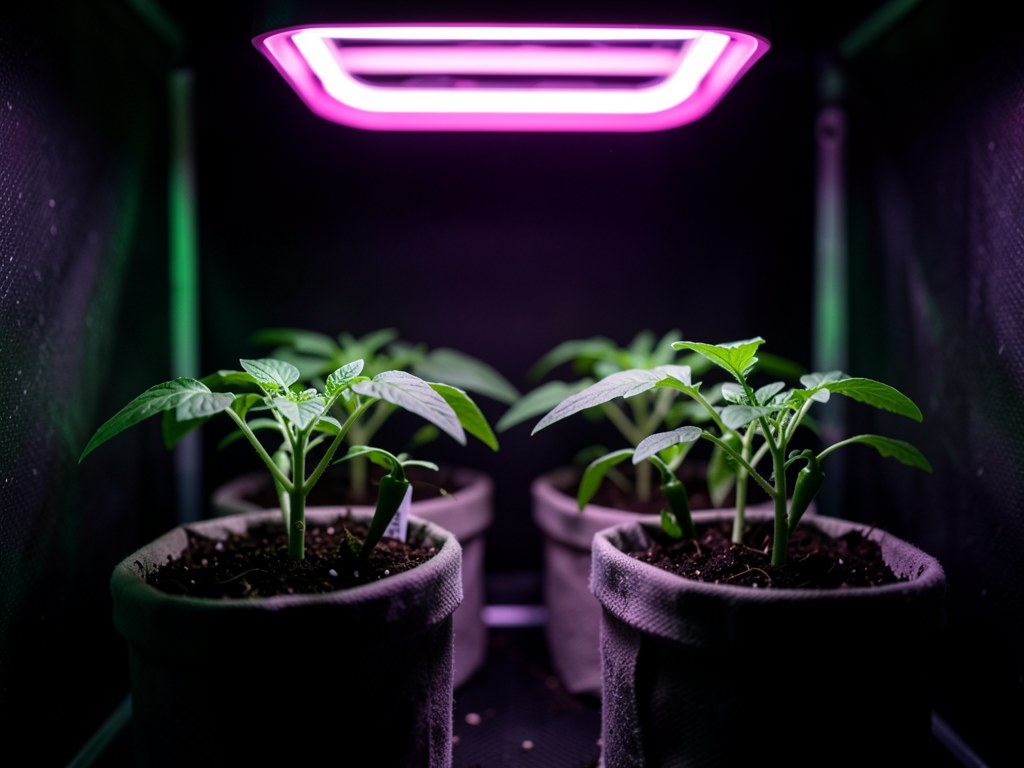 Jeunes plants de tomates et de piments en culture indoor sous lampe LED full spectrum dans une tente 40×40