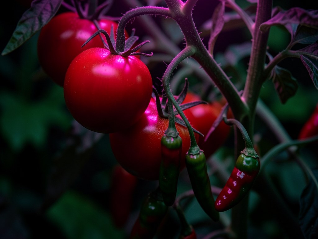 Reife Tomaten und Paprika unter dem Vollspektrum-Licht einer BloomLED LED-Grow-Leiste